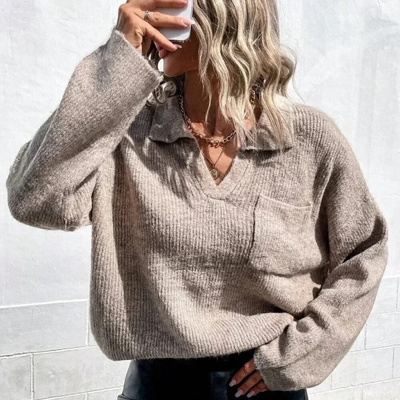 Khaki Casual Women's Pocket Front Drop Shoulder Sweater - Picture 4 of 6